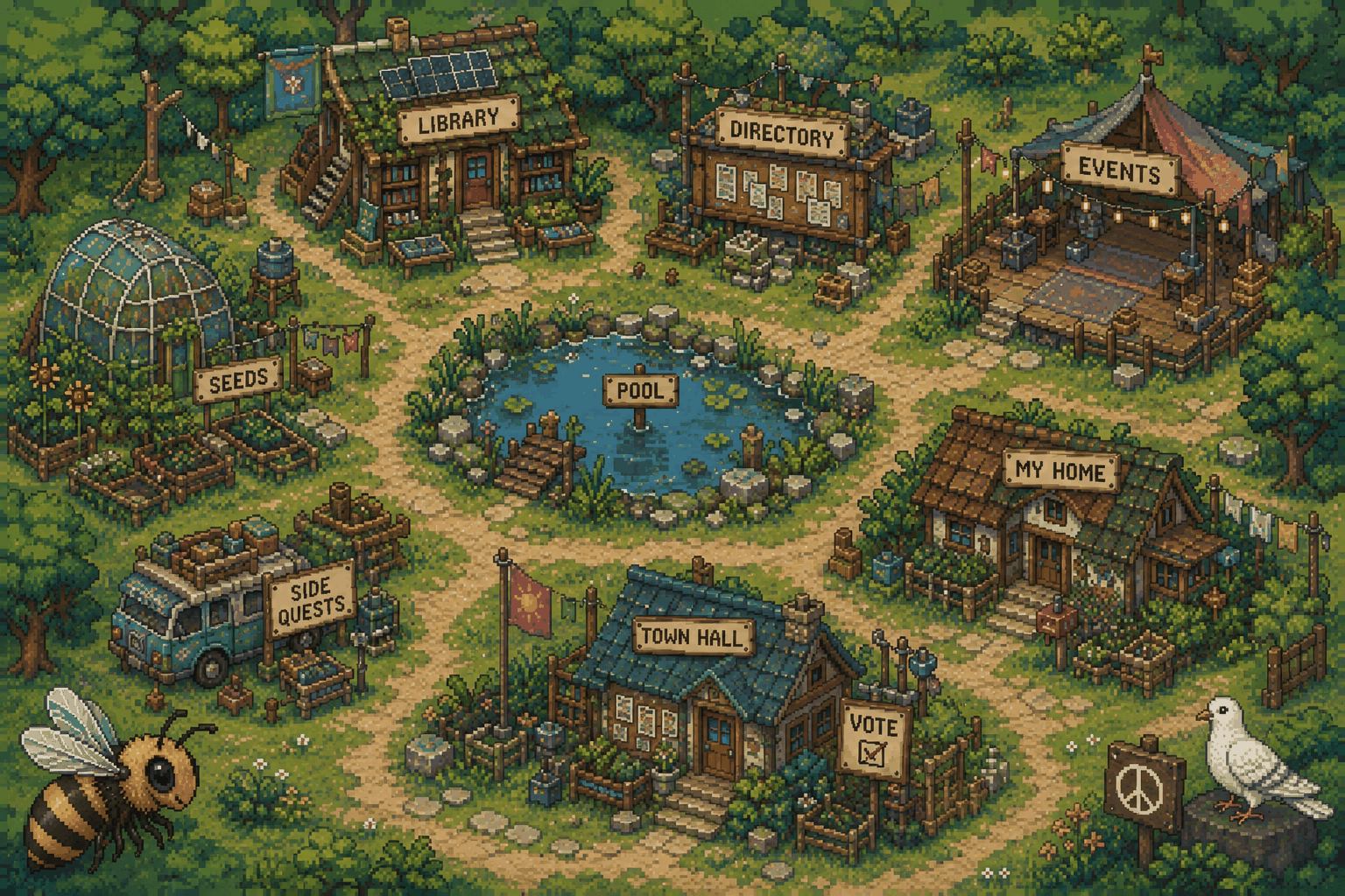 The 108.Sangha village: a pixel-art clearing in the forest with a library, directory board, events tent, seed garden, pool, homes, a side-quest van and a town hall.