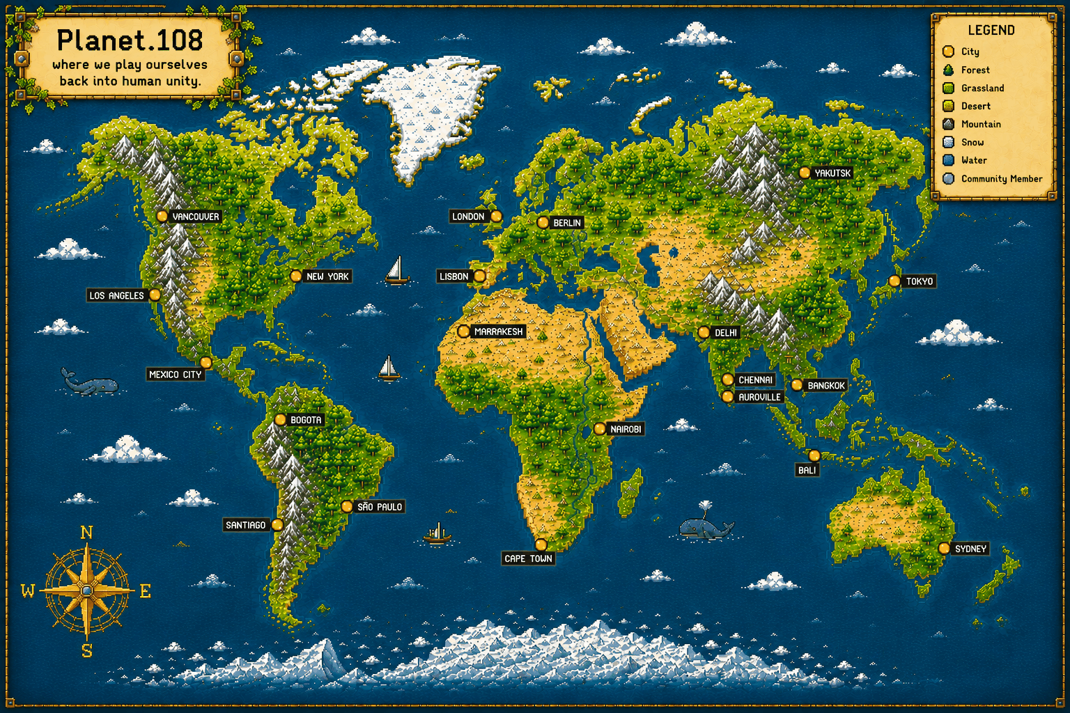 A pixel-art world map showing where members of the village are.